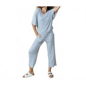 NEW SOFTIES dream jersey relaxed v-neck with capri lounge set in indigo-white